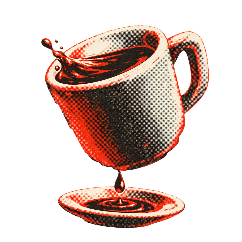 Illustration of a tilted mug spilling a thin stream of coffee onto its saucer