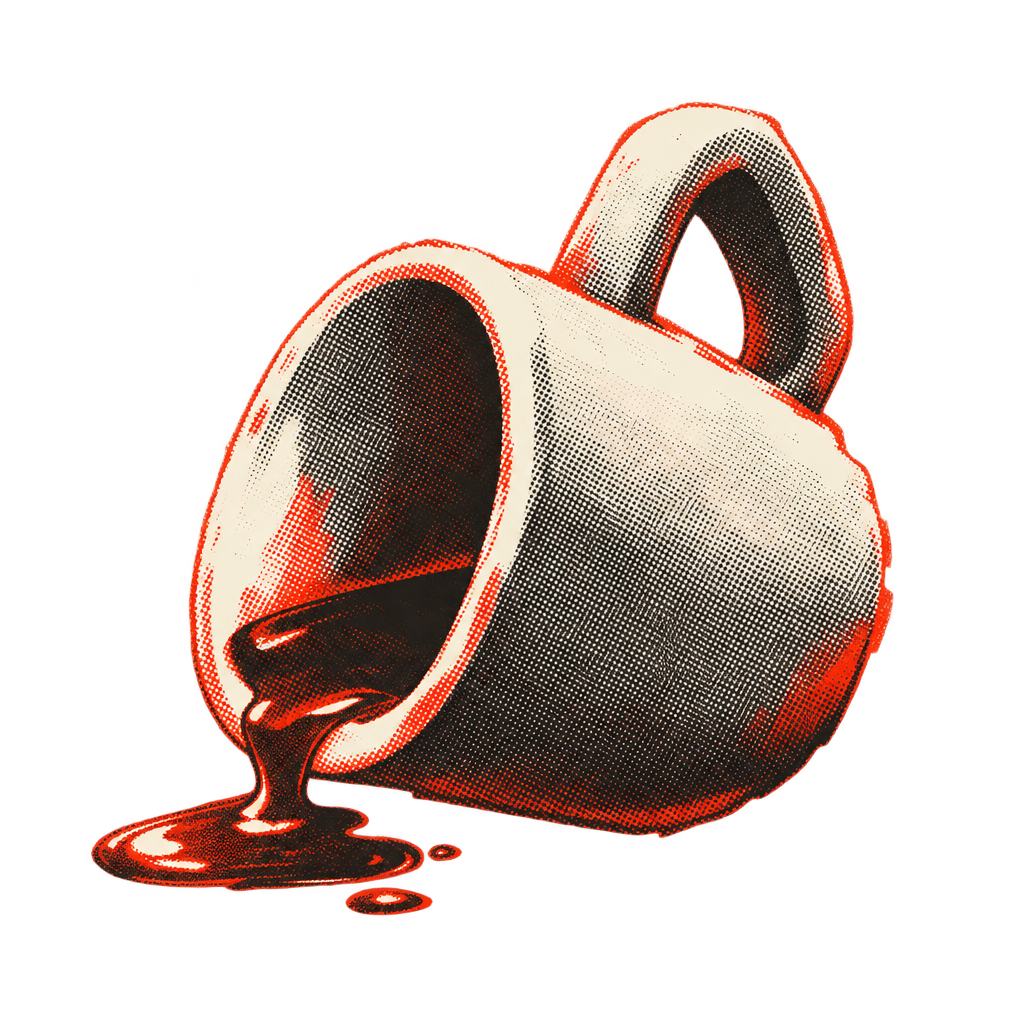 Illustration of a mug tipped on its side with coffee pooling out beneath it