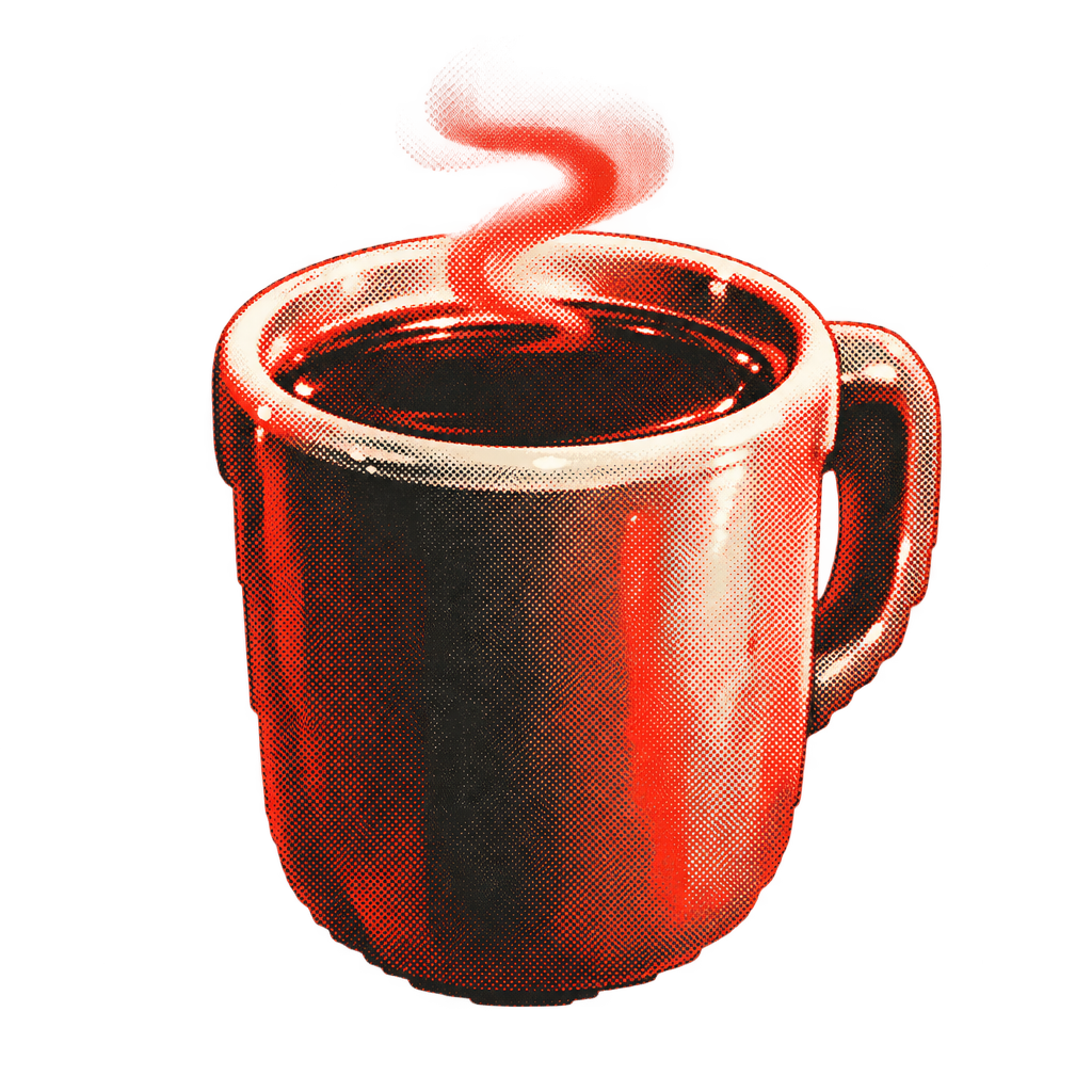 Steaming red halftone mug, close-up detail
