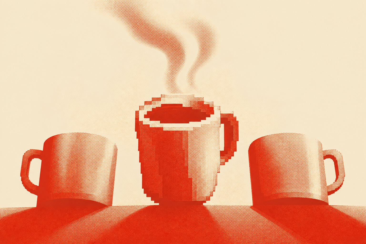 Three mugs in a row, steam rising only from the one in the center