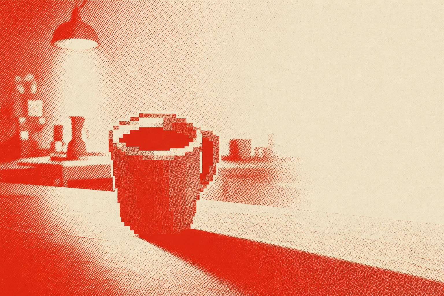 Halftone key-art scene of a red mug glowing under a lamp on a quiet café counter